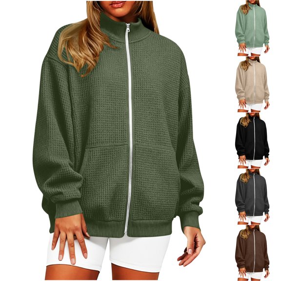 DIOAZUD Oversized Jacket for Men Women Full Zip Up Collar Waffle Jackets Solid Color Long Sleeve Coat Loose Fit Casual Coats Outwear