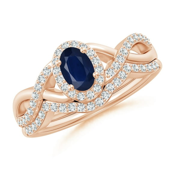 ANGARA Natural Blue Sapphire and Diamond Crossover Bridal Set in 14K Rose Gold for Women (Size-6x4mm) | September Birthstone, Anniversary, Jewelry Gift for Women | Natural Blue Sapphire Ring