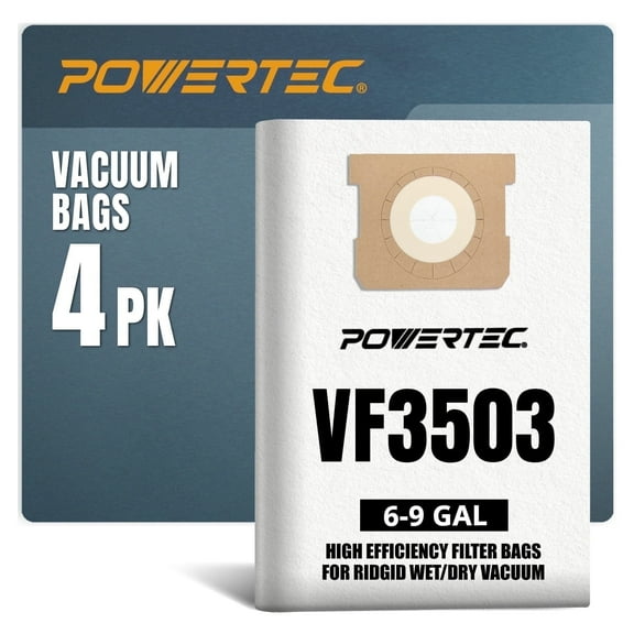 POWERTEC 4PK VF3503 Size B Shop Vac Bags for Ridgid, 6-9 Gal. 40153 Vacuum Bags for Ridgid HD9000 & Workshop WS32090F2 Wet Dry Vac (75016-P2)