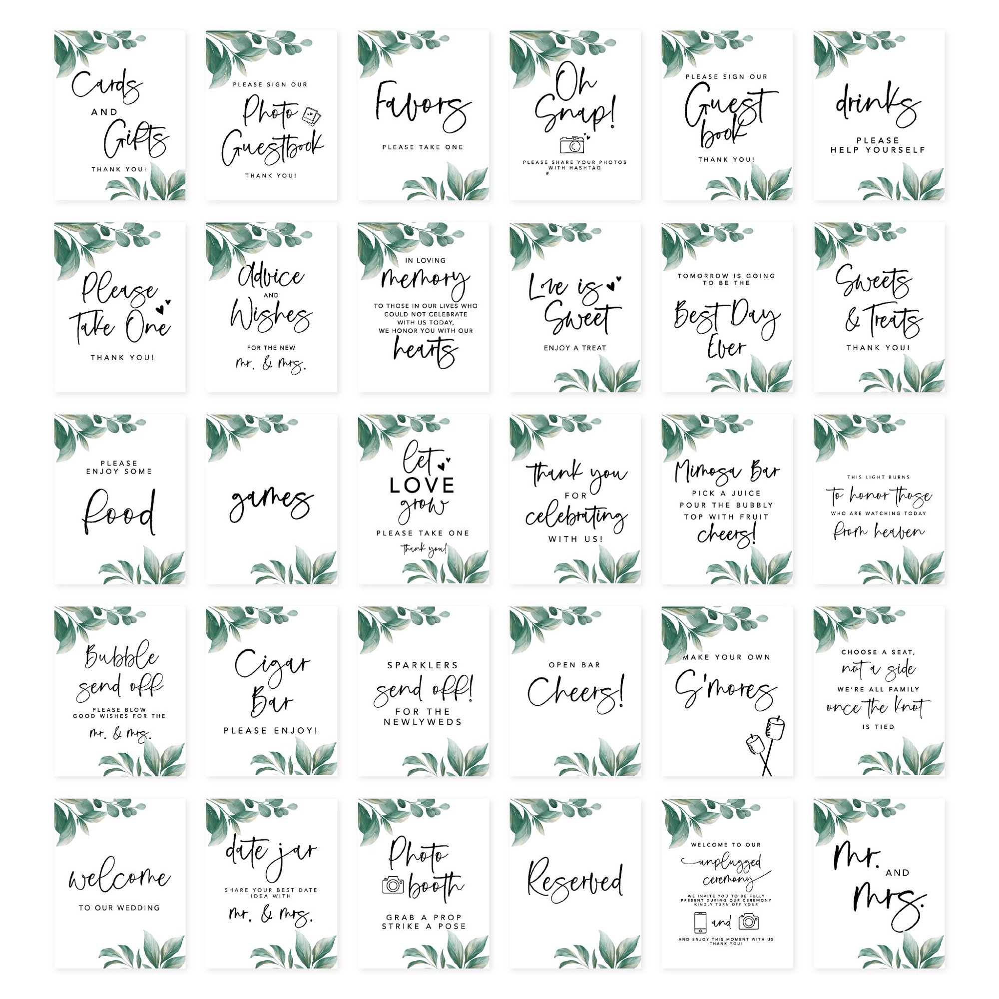 Koyal Wholesale Greenery Leaves Wedding Signs Bundle Set for Ceremony, Reception Decor Signage, 8.5 x 11", 30-Pack