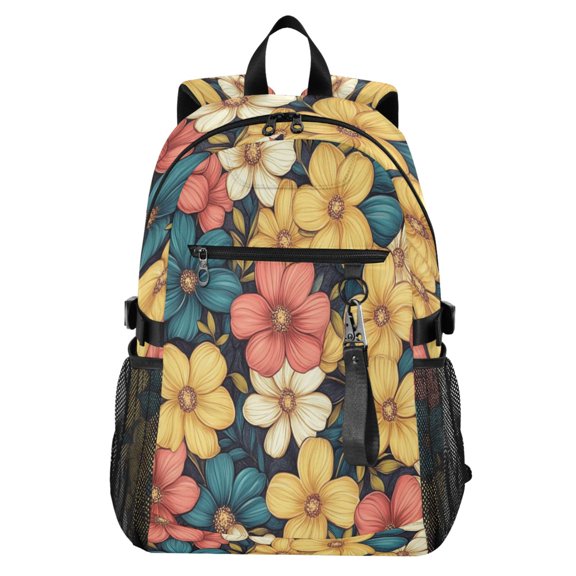 Full‑Print Casual Laptop Backpack, 20L Water‑Resistant Twill Tote Daypack with 14 Inch Computer Compartment for School Business Travel Colorful Flowers Lovely