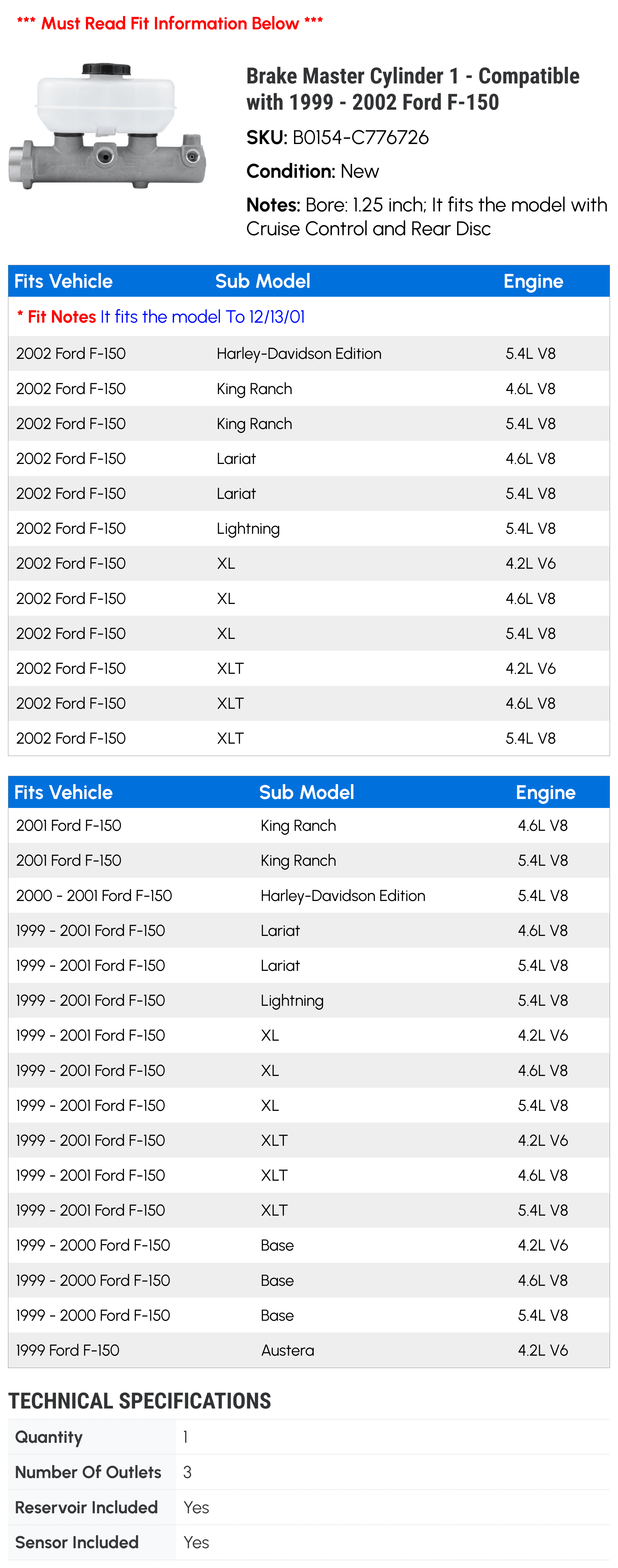 Brake Master Cylinder 1 - Compatible with 1999 - 2002 Ford F-150 - Autopart Premium