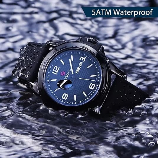 F.ZEGAO Waterproof Watch for Swimming, Military Watches for Men, Outdoor Analog Watch Men with Calendar Black