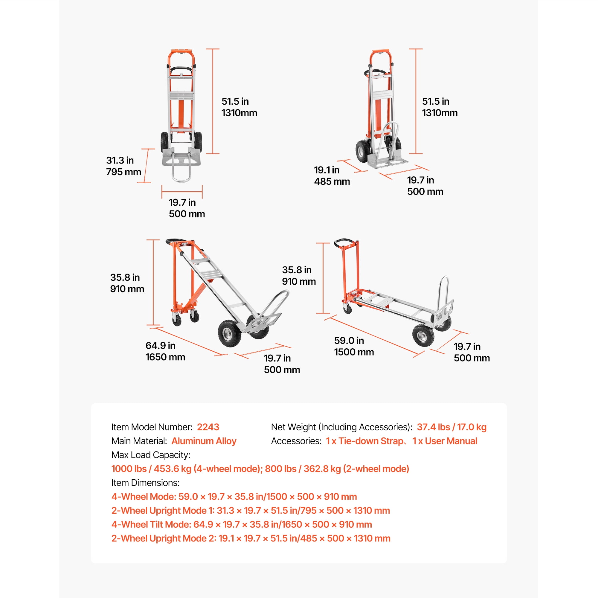 KFFKFF 4-in-1 Convertible Hand Truck, 1000 lbs Capacity in 4-Wheel Mode, Multi-Function Dolly with Non-Slip Handle & Durable Wheels, Aluminum Alloy Portable Cart for Home, Office, and Warehouse Use