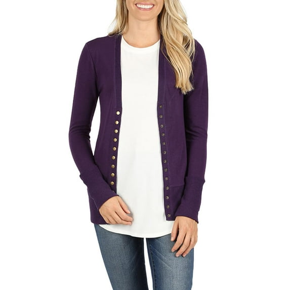Womens V Neck Snap Button Long Sleeve Knit Cardigan