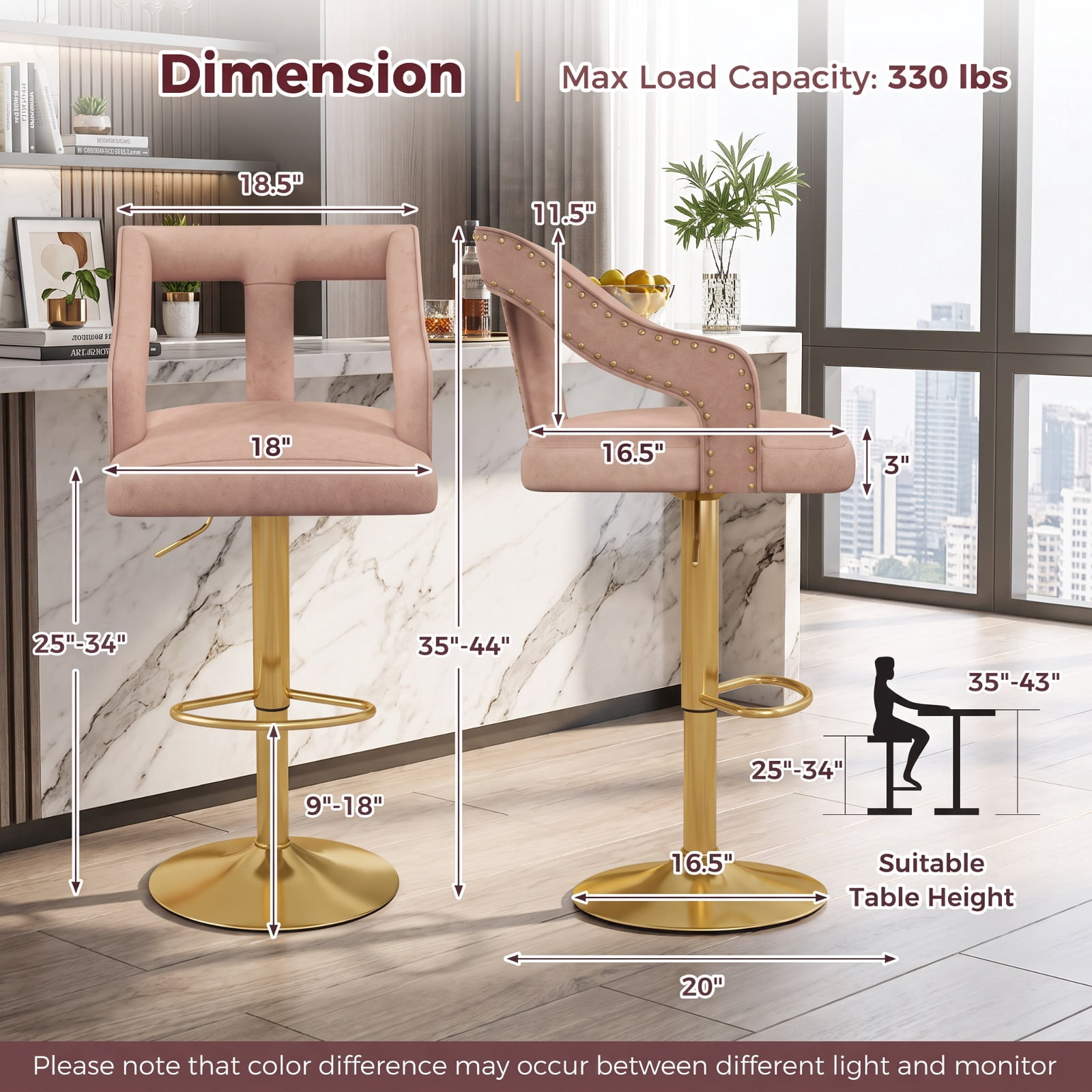 Furnibear Set of 2 Bar Chairs with Footrest and 2-Layer Electroplated Metal Base for Kitchen Island Counter Bar Pub Dining Home, Pink