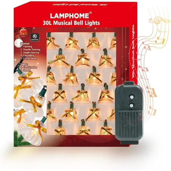 30 Lights Christmas Musical Bell String Lights, 25 Classical Holiday Songs, 7 Functions Clear Incandescent Bulb Green Wire Light with Yellow Bells for Indoor Xmas Tree Decorations