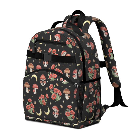 Mushroom and Moon Black Pattern Cute School Backpack Bag for School with Padded Back and Adjustable Shoulder Straps 15.25"x11.5"x5.25"