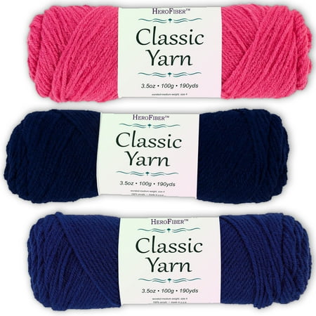 Soft Acrylic Yarn 3-Pack, 3.5oz / ball, Red Grenadine + Navy Soft + Blue Olympic. Great value for knitting, crochet, needlework, arts & crafts projects, gift set for beginners and pros alike