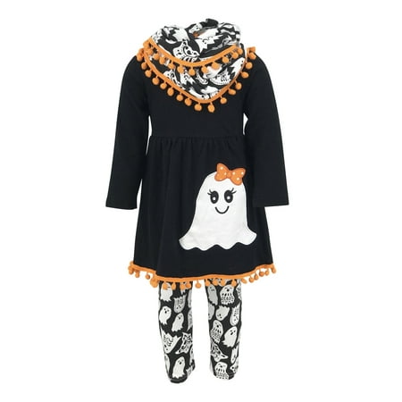 Unique Baby Girls 3 Piece Ghost Halloween Outfit with Infinity Scarf (2T/XS, Black)