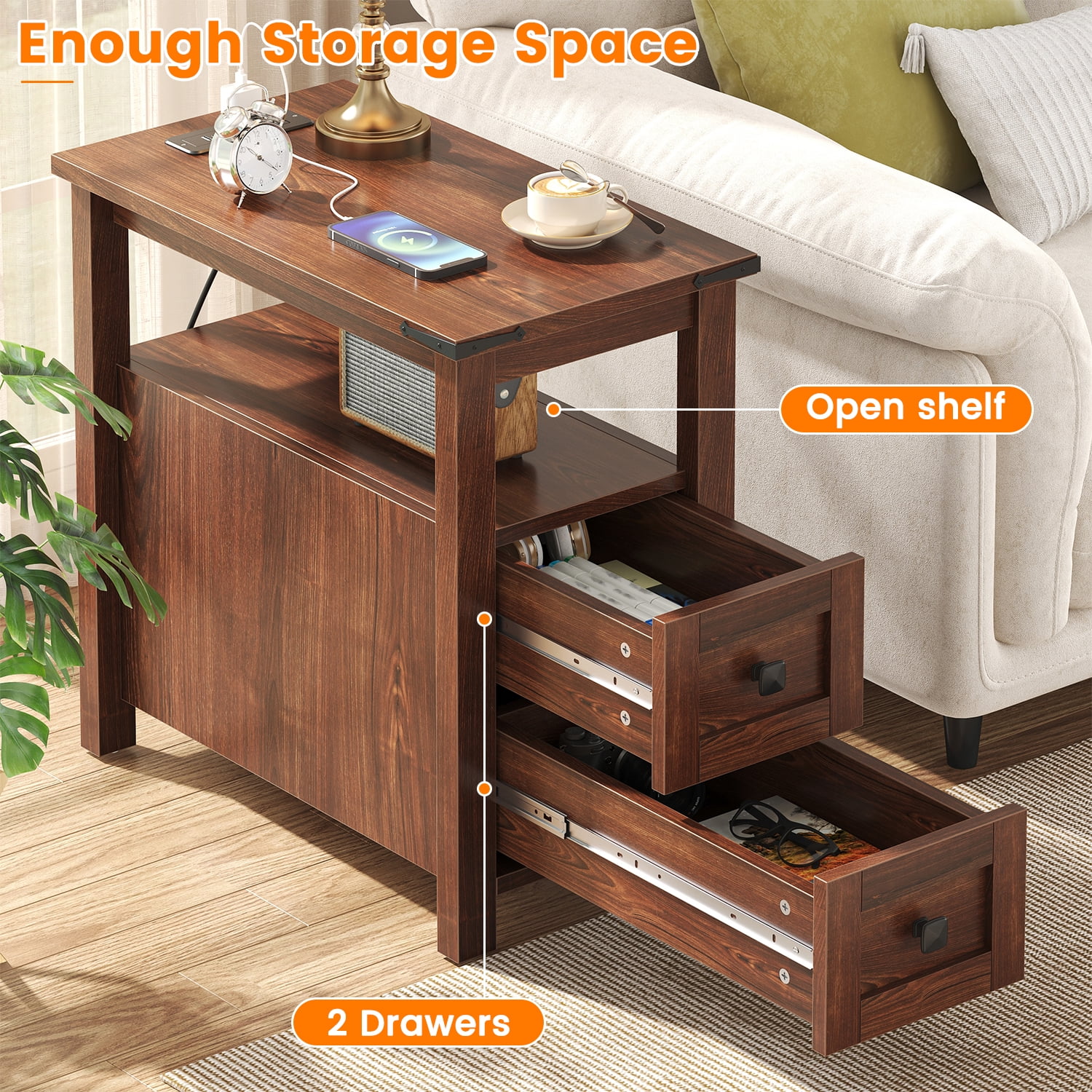 VVFLU Farmhouse End Table with Charging Station, Cherry Nightstand Narrow, Skinny Slim Small, Bedroom