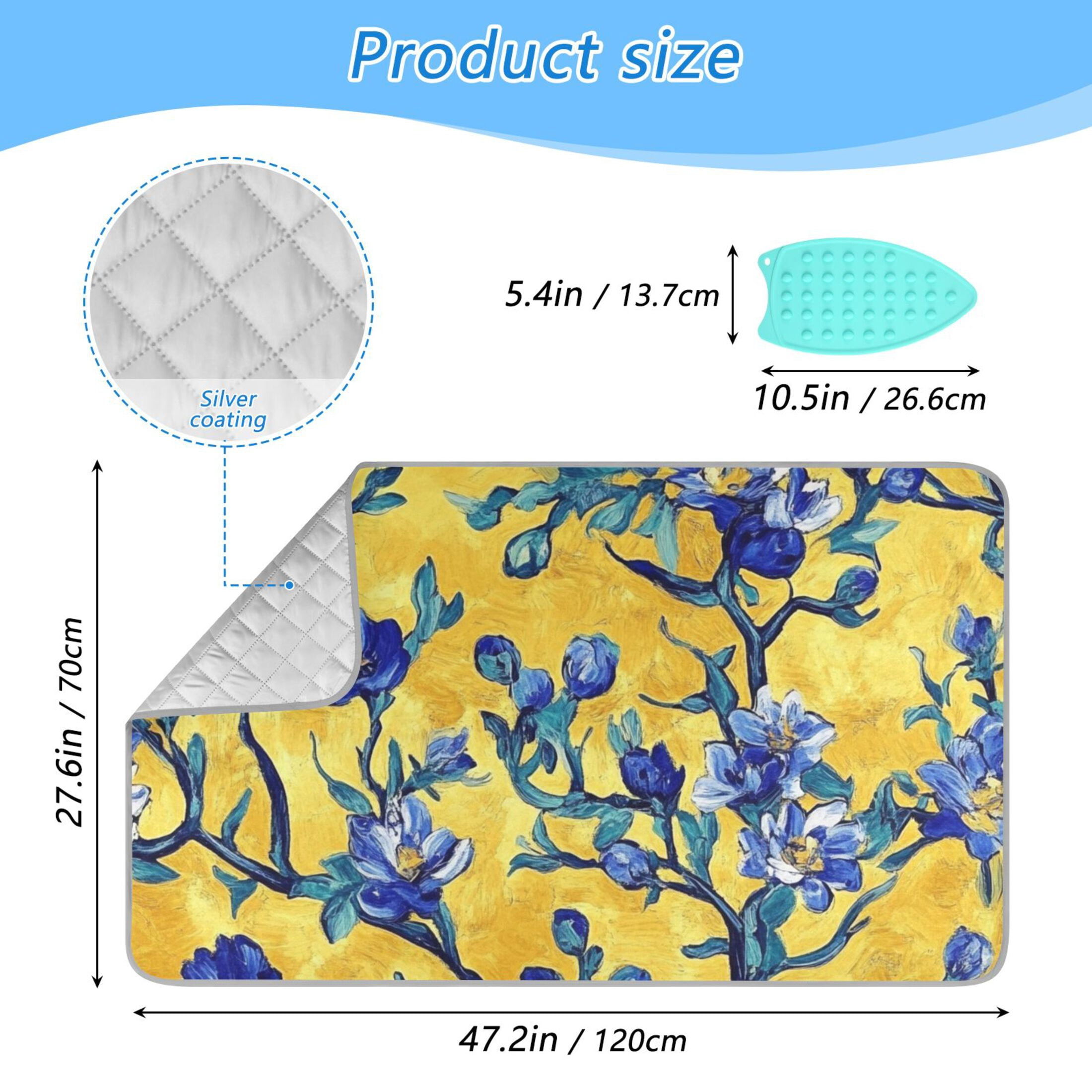 Blue Floral Yellow Background Ironing Mat Blanket for Table Top Travel Portable Ironing Board Pad 47.2x27.6 Inch