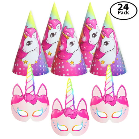 12 Pack Unicorn Party Paper Face Masks, Bundle with 12 Unicorn Party Hats