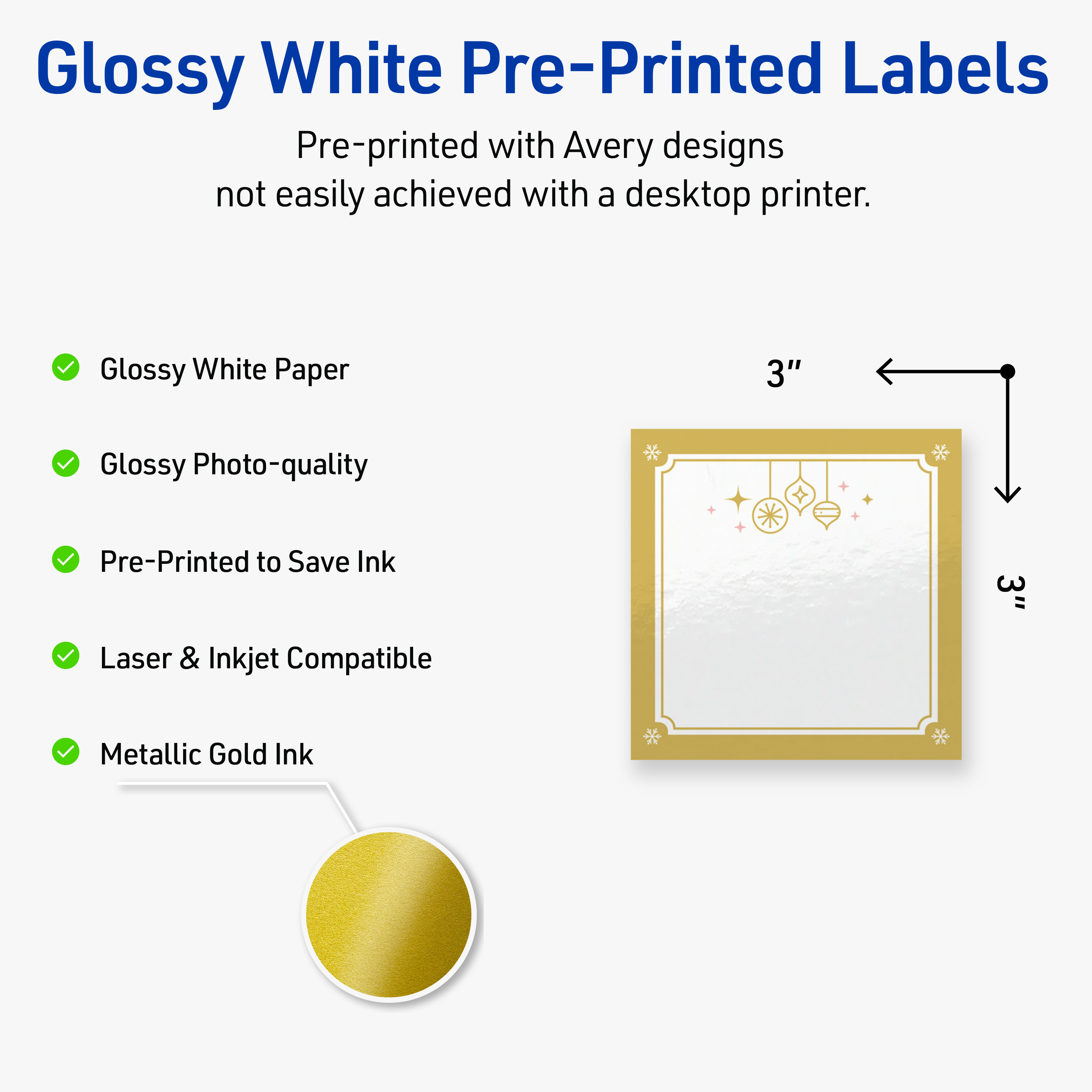 Avery Labels, 3" x 3", Gold-Metallic Ornaments, Glossy, 60ct