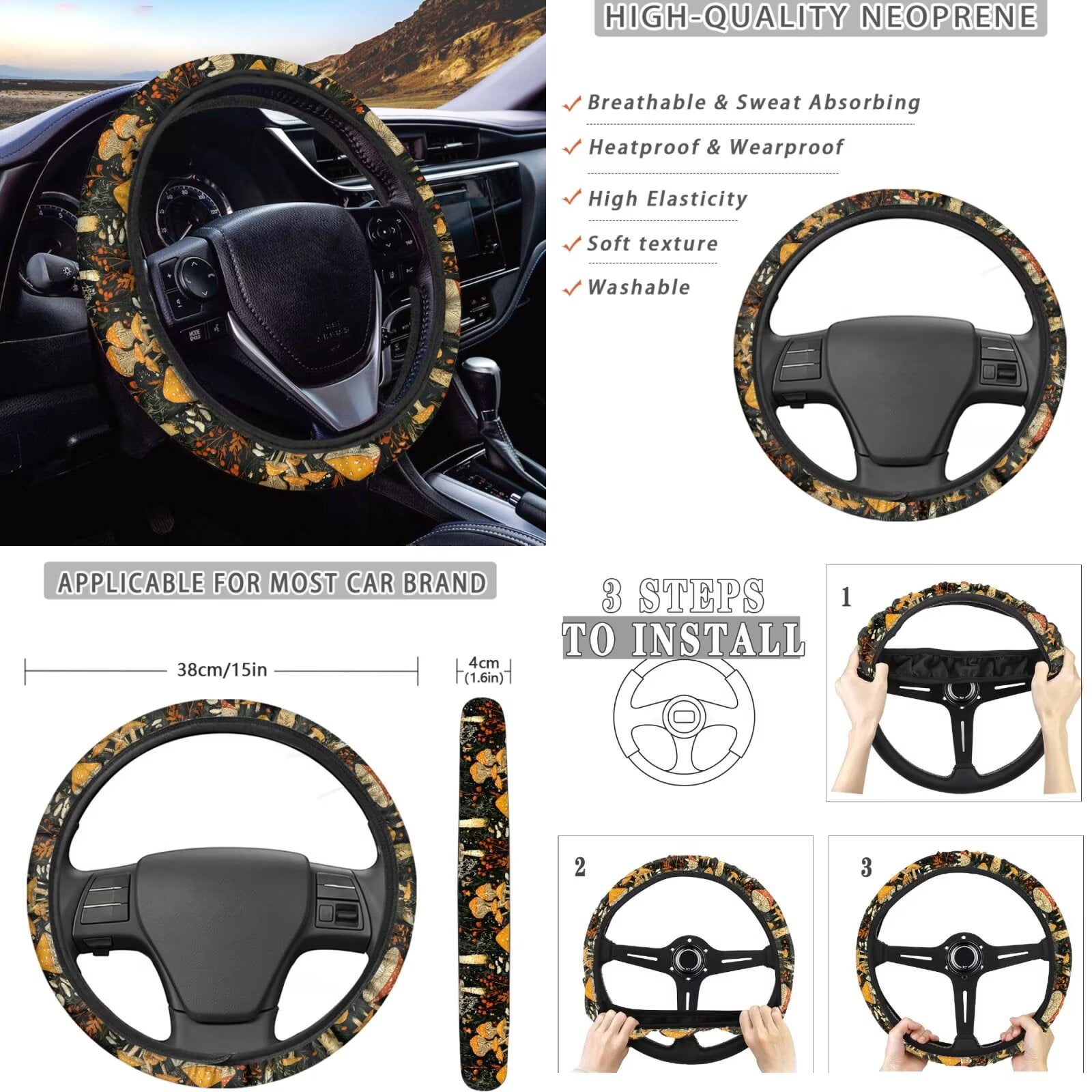 Garronmavis Aztec Style Car Accessories Set for Steering Wheel Wrap Gear Shift Cover Handbrake Sleeve Headrest Protectors Cup Coasters Super Breathable Car Seat Protector Fit for Sedan Van Truck