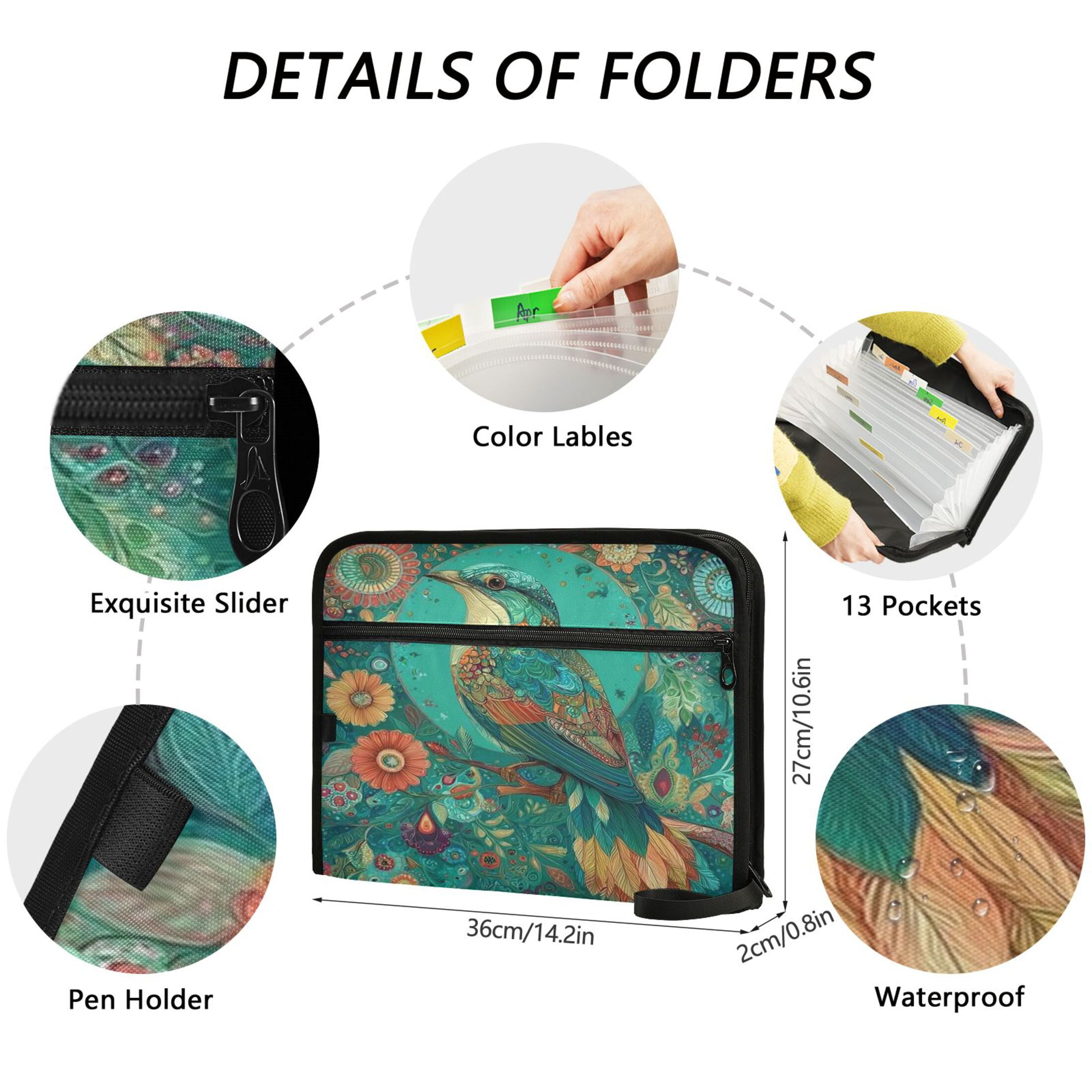 Accordion File Organizer with Zip Closure 13 Pockets Expanding File Folder Letter A4 Paper Document Organizer for Home Office Beautiful Psychedelic Bird