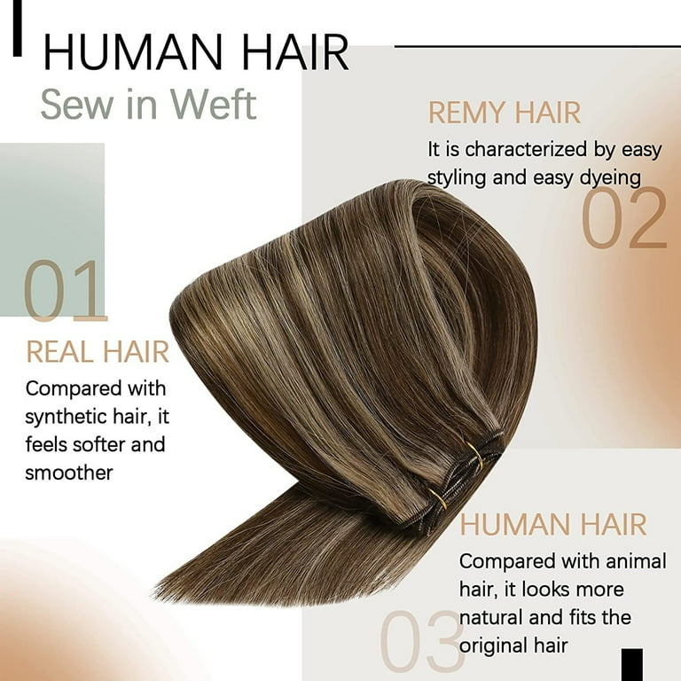 Sunny Human Hair Weft 20 inch Medium Brown and Caramel Blonde Highlights  Real Human Hair 100g