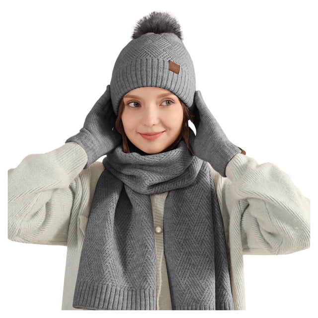 Wool Knitted Warm Gloves Hat Scarf Three Piece Winter Windproof Ball Plus Velvet Knitted Hat Three Piece Set