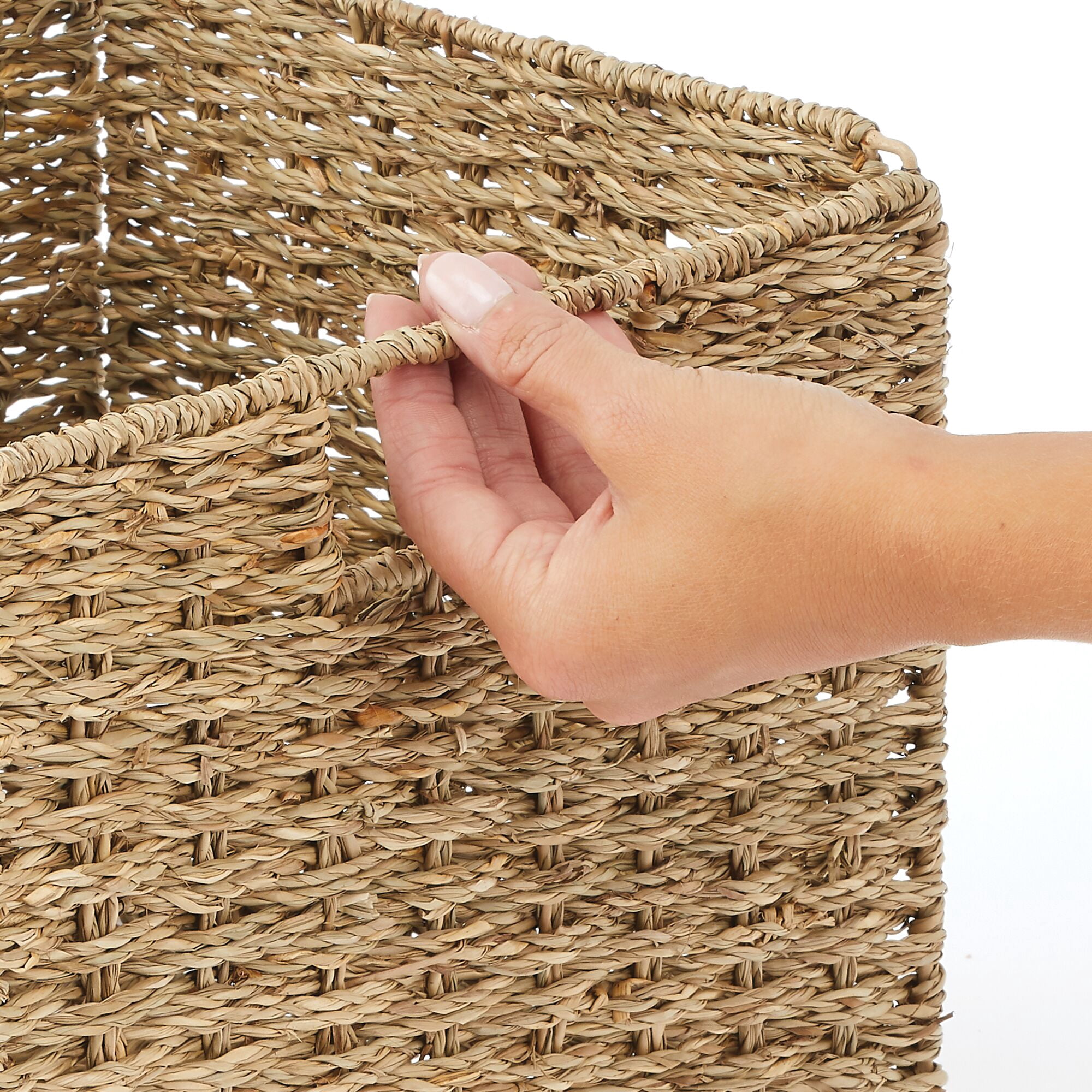 mDesign Seagrass Woven Cube Bin Basket Organizer, Handles, 6 Pack - Natural/Tan