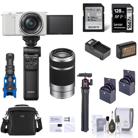 Sony ZV-E10 Mirrorless Vlog Camera with 16-50mm Lens  Black - Bundle with E 55-210mm f/4.5-6.3 OSS Lens Vlogger Accessory Kit 128GB SD Card Shoulder Bag Screen Protector Mic and More (14 Items)