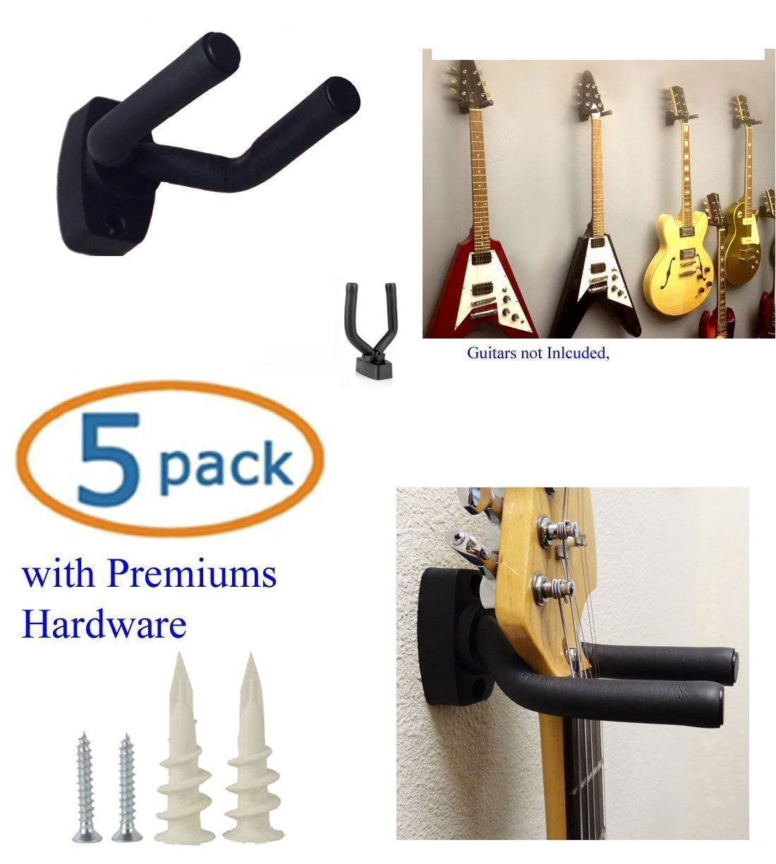 Bass Easy To Install Guitar Hanger Wall Hook Holder Stand Black Display with Screws Mandolin Fits All Size Guitars Banjo Guitar Wall Mount Hanger 6 Pack Ukulele 