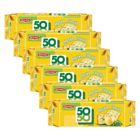 Britannia Crackers 50 50 Maska Chaska Biscuit 2.19oz (62g) - Dipped in Butter and Peppered - Delicious, Light & Crispy Cookies - Suitable for Vegetarian (Pack of 6)