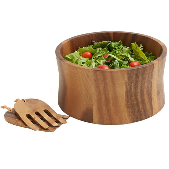 Woodard & Charles Acacia Wood 10" Salad Serving Bowl with Salad Hands