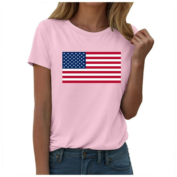 Gibobby Women Casual Flag Independence Day Printed Round Short Sleeved T Shirt Top(XXL,Pink)