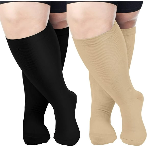 2 Pairs Wide Calf Compression Socks for Women Men AMITOFO Circulation 20-30mmHg Plus Size Knee High Support Stockings| Circulation | Nurses | Running | Travel,Beige Black 4XL