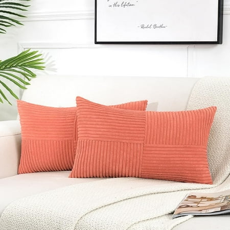 

Fancy Homi 2 Packs Coral Lumbar Decorative Throw Pillow Covers 16x16 Inch for Living Room Couch Rustic Farmhouse Boho Home Decor Soft Striped Corduroy Rectangle Accent Peach Cushion Case 16x16