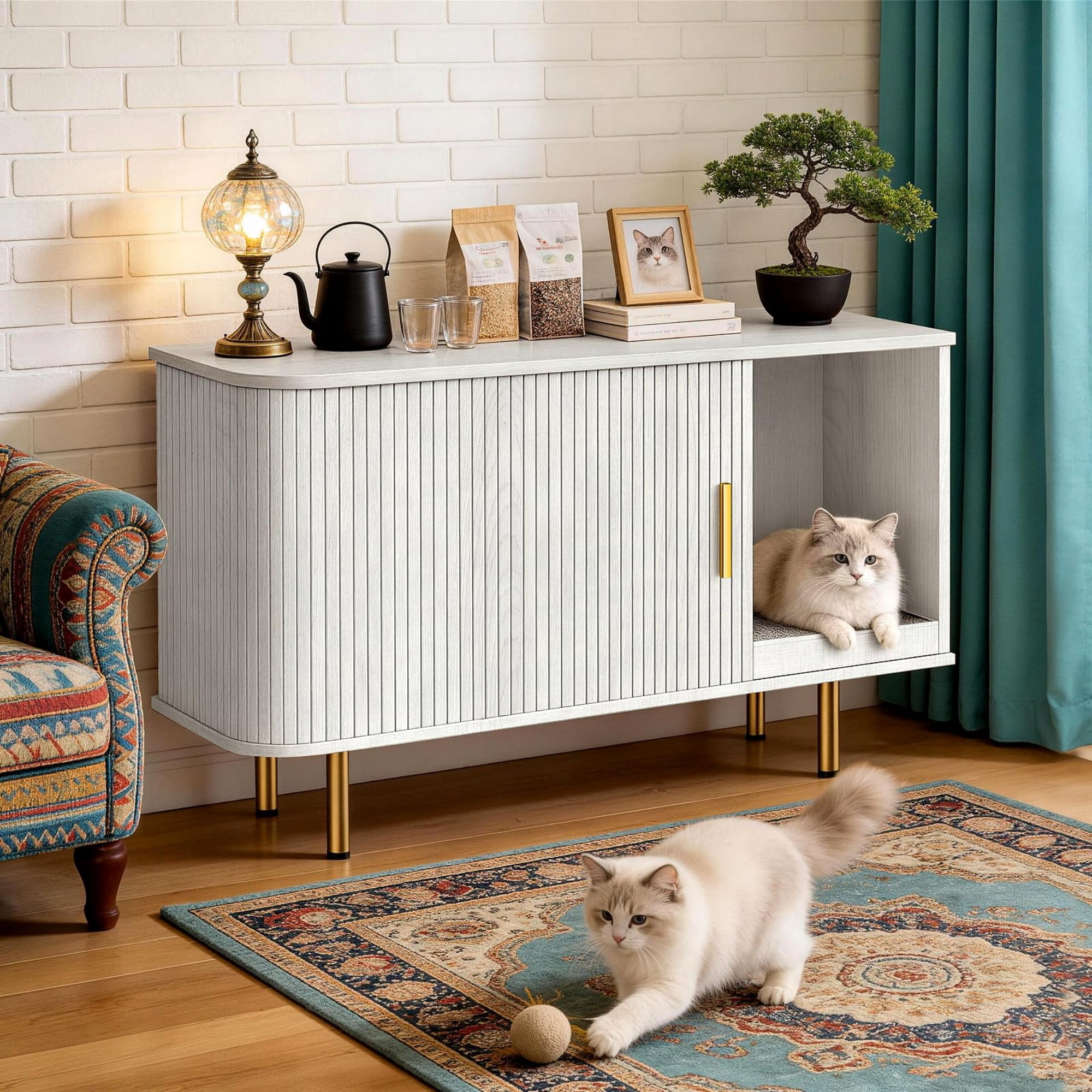 Cat Litter Box Enclosure Furniture with Sliding Door, Hidden Cat House Cabinet with Scratch Pad, Modern TV Stand Side Table, White