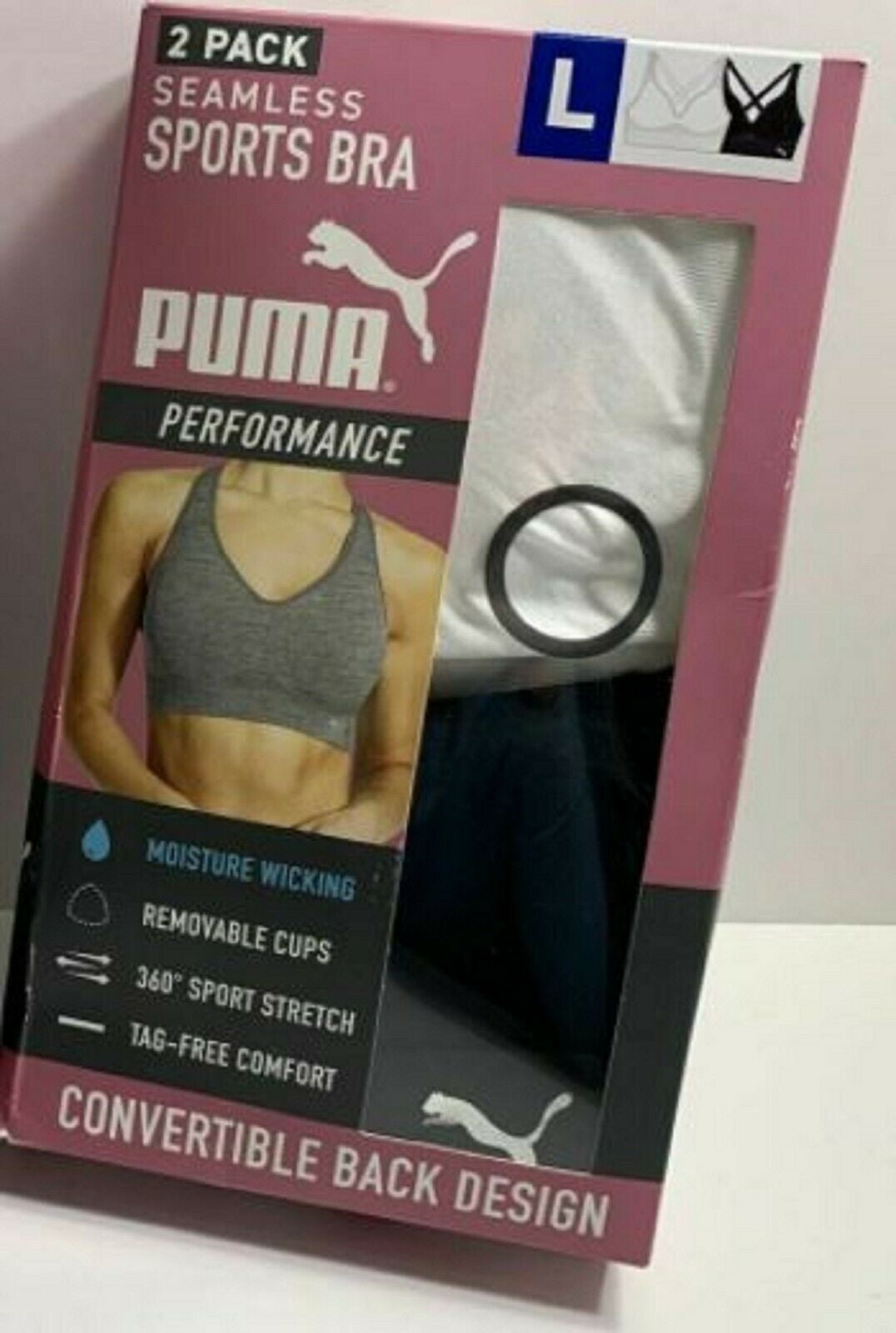 Puma Sports Bra 2 Pack  Moisture Wicking, Removable Cups, Tag