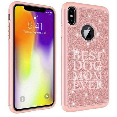 Glitter Bling Sparkle Shockproof Protective Hard Soft Case Cover for Apple iPhone Best Dog Mom Ever (Rose Gold, for Apple iPhone X/iPhone