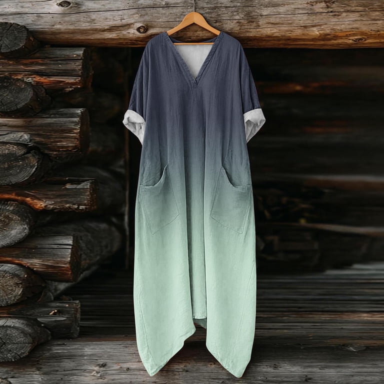 grey ombre maxi dress VBVC Women's Gradient V-Neck Linen Dress,Ladies Lightweight Asymmetrical Hem Caftan with Pockets,Casual Summer Beach Wear for Women,Gray,S-2XL LDR-1341-BATIK