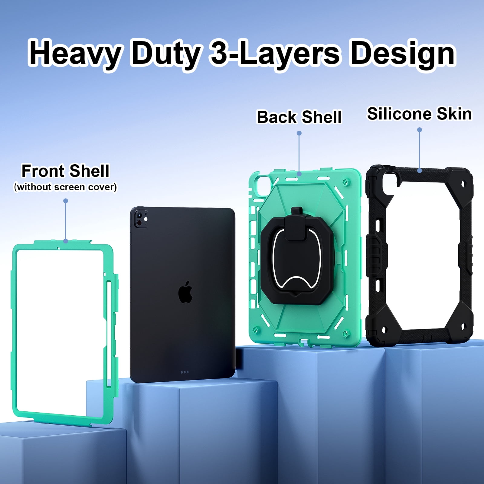 Decase Kids Case for Apple iPad Pro 13 13-inch (M5)(M4) 2025/2024,Shockproof Rotatable Stand Cover,Detachable Shoulder Strap,Rugged 3-Layer Tablet Shell with Pen Holder,Black+Mint