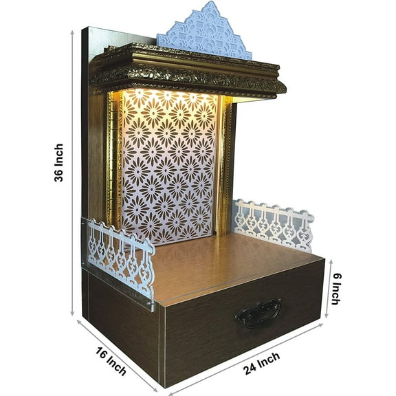 Handmade Brown Textured Wooden Temple with LED Lights for Home & Office | Pooja Mandir /Pooja Chowki /Temple For Home / Wooden Pooja Chowki