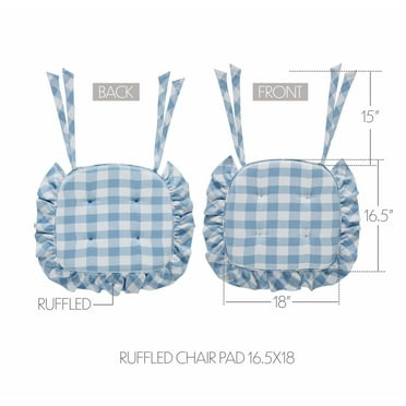VHC Brands Farmhouse Country Annie Buffalo Check Blue Ruffled Chair Pad with Fabric Ties 16.5x18