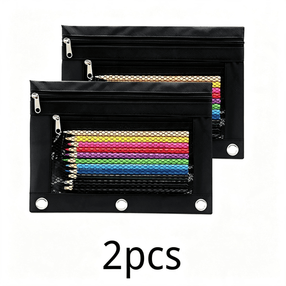 CCOCC 2026 New 2Pcs Heavy Duty Canvas Pencil Pouch with See-Through Mesh Pocket & Reinforced Rings for 3-Ring Binder,Multipurpose Zipper Pencil Case for Students,Office,Home (10.5" X 7.25")