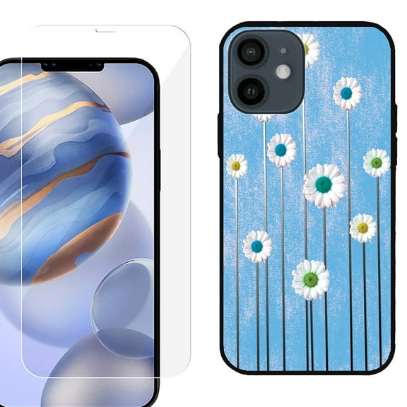 Slim-Fit Protective Phone Case (Black) compatible with iPhone 12 / iPhone 12 Pro, with Tempered Glass Screen Protector, by OneToughShield ® - Daisy Sky