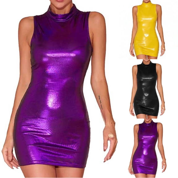 Mifsaly Womens High Neck Bodycon Dresses Sleeveless Mini Shiny Metallic Dress Fitted Mock Neck Party Club Going Out Outfits 2026 L