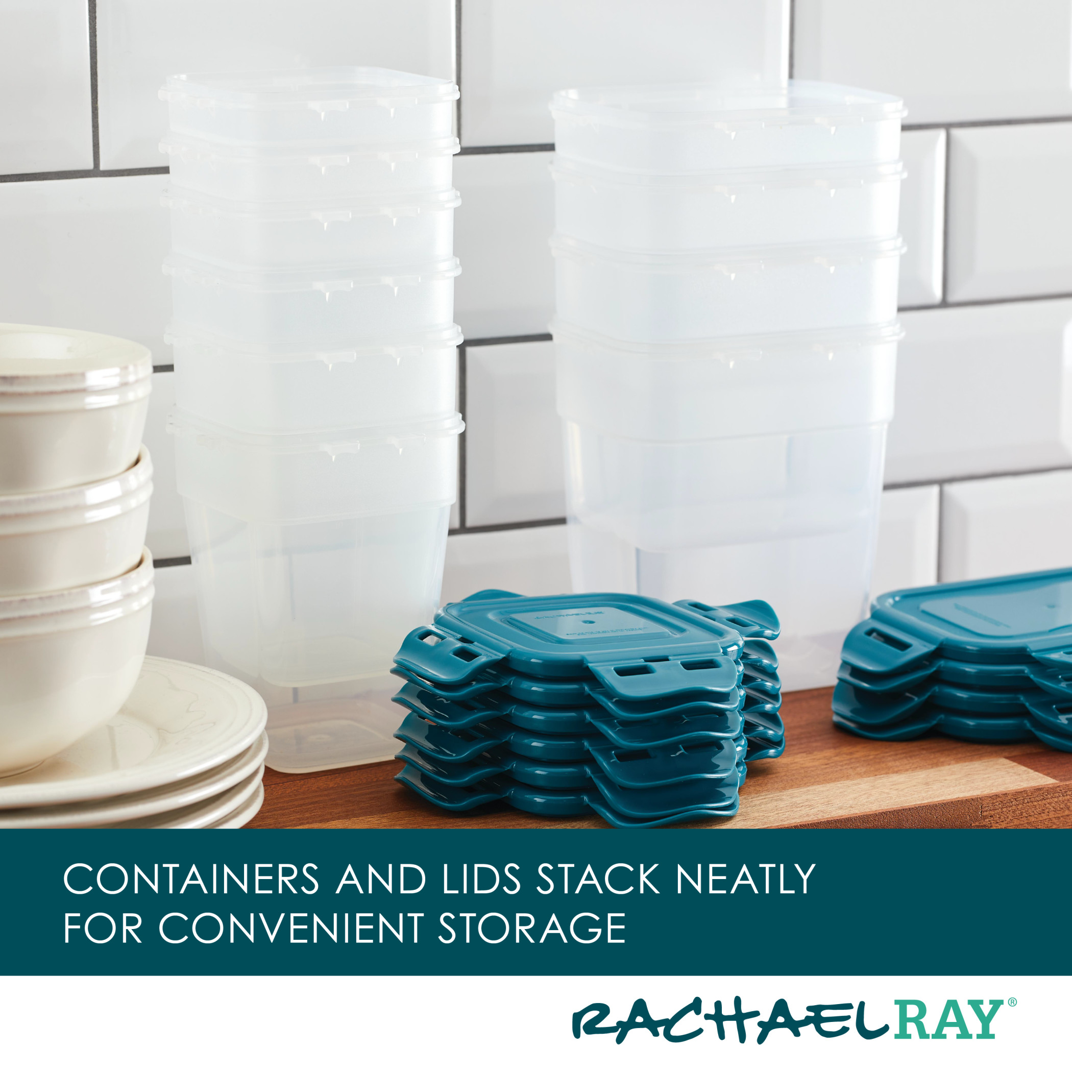 Rachael Ray Leak-Proof Stacking Food Storage Container Set, 20-Piece, Teal Lids - image 4 of 17