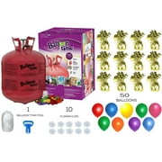 Helium Tank with 50 Balloons and White Ribbon   12 Gold Balloon Weights   10 Flower Clips - Plus Balloon Tying Tool