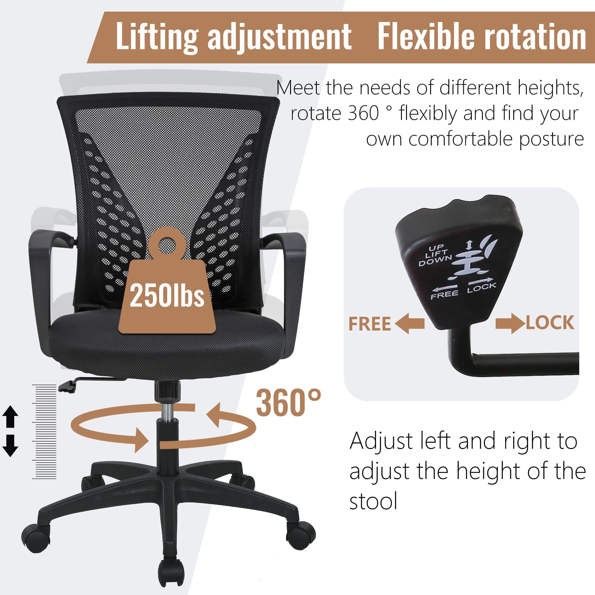 FDW Ergonomic Office Chair, Swivel Rolling, Lumbar Support for Men, Women(Black)