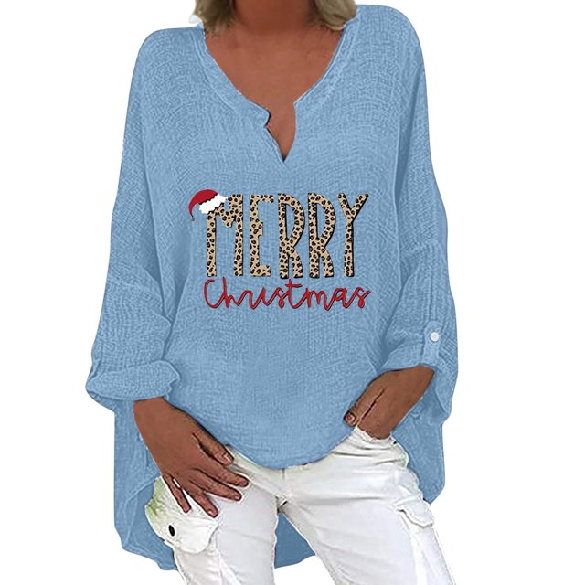 Tops Para Mujer Tops Con Estampado Navideño Manga Larga Hombro Algodón Lino Cuello en V Blusa Túnica Suelta Odeerbi ODB183940