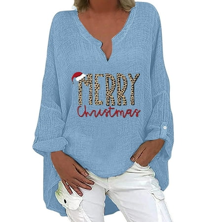

Shirts for Women Sweatshirts for Women Women Long Sleeves Shoulder Cotton Linen V-Neck Loose Christmas Print Blouse Tunic Tops Womens Fall Tops Corset Tops for Women