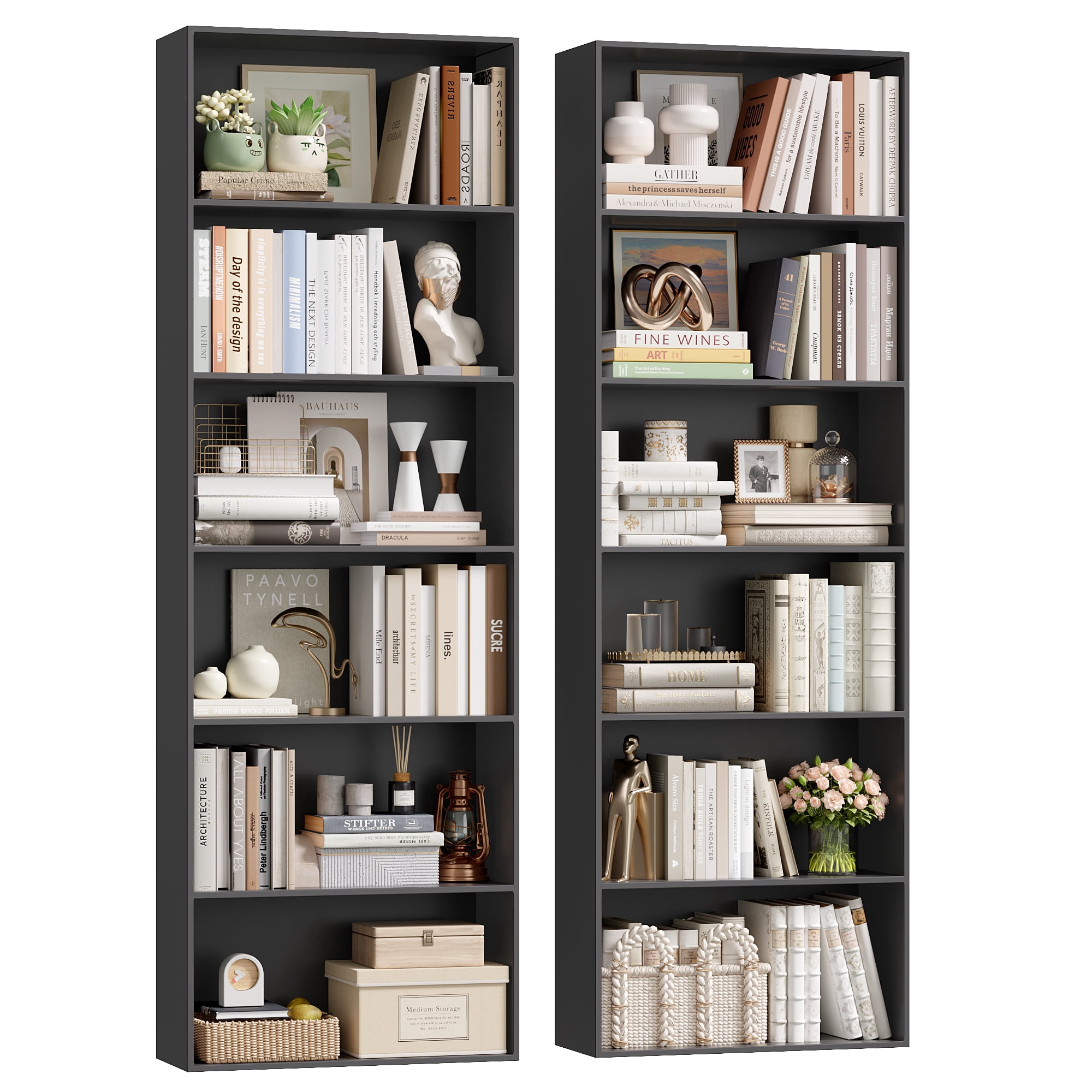 Homfa 6 Tier Tall Bookshelf and Bookcase, 2PC Wooden Bookcase Display Shelf for Living Room Home Office Library Storage, Black