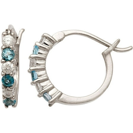 .48 Carat T.G.W. Blue Topaz and .60 Carat T.G.W. CZ Sterling Silver Hoop Earrings