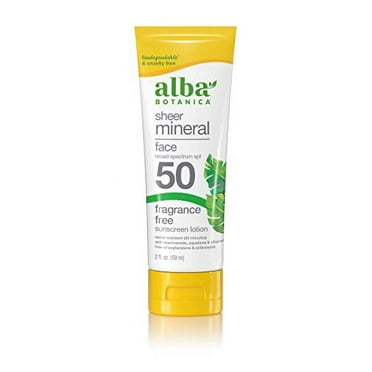 Alba Botanica Sunscreen for .. Face, Fragrance-Free Sheer Mineral .. Face Sunscreen Lotion, Broad .. Spectrum SPF 50, Water .. Resistant and Biodegradable, 2 .. fl. oz. Bottle