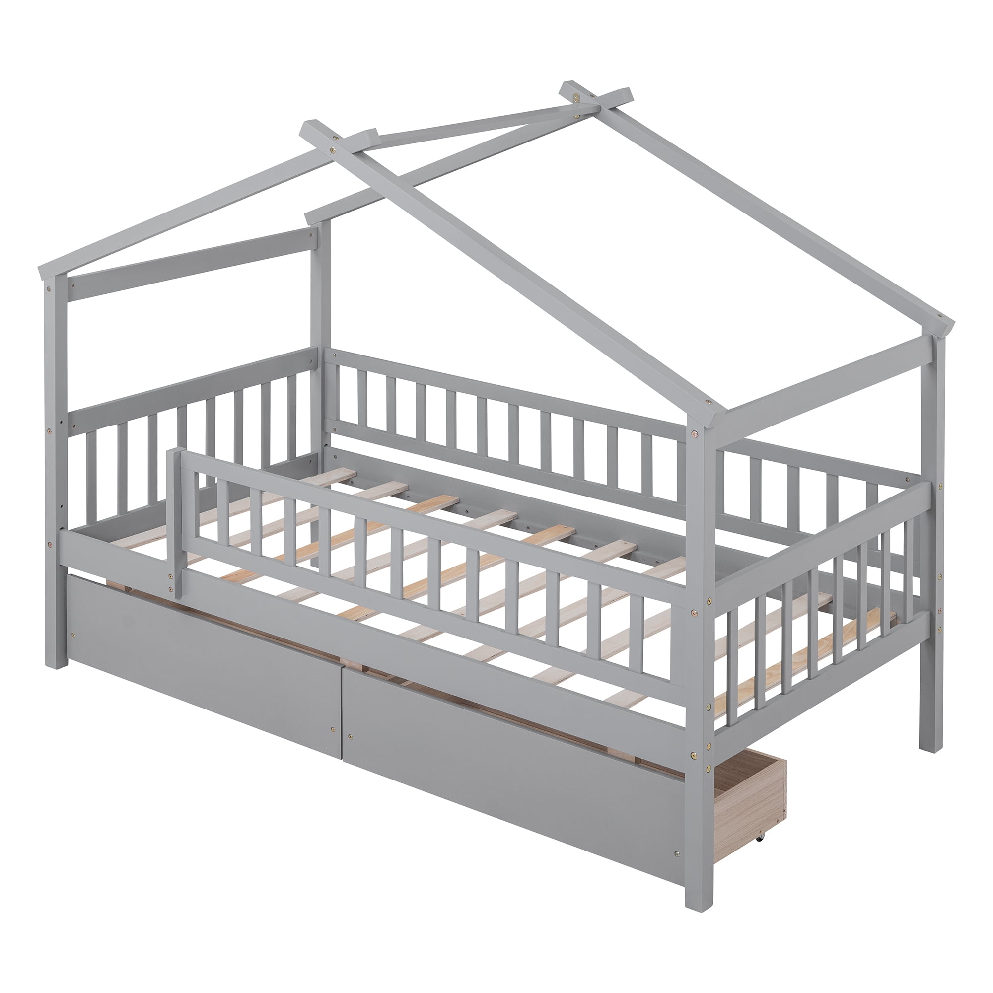Harper & Bright Designs Twin House Bed with 2 Storage Drawers, Twin Bed Frame with Rails and Roof, Wooden Tent Montessori Bed for Bedroom, Gray
