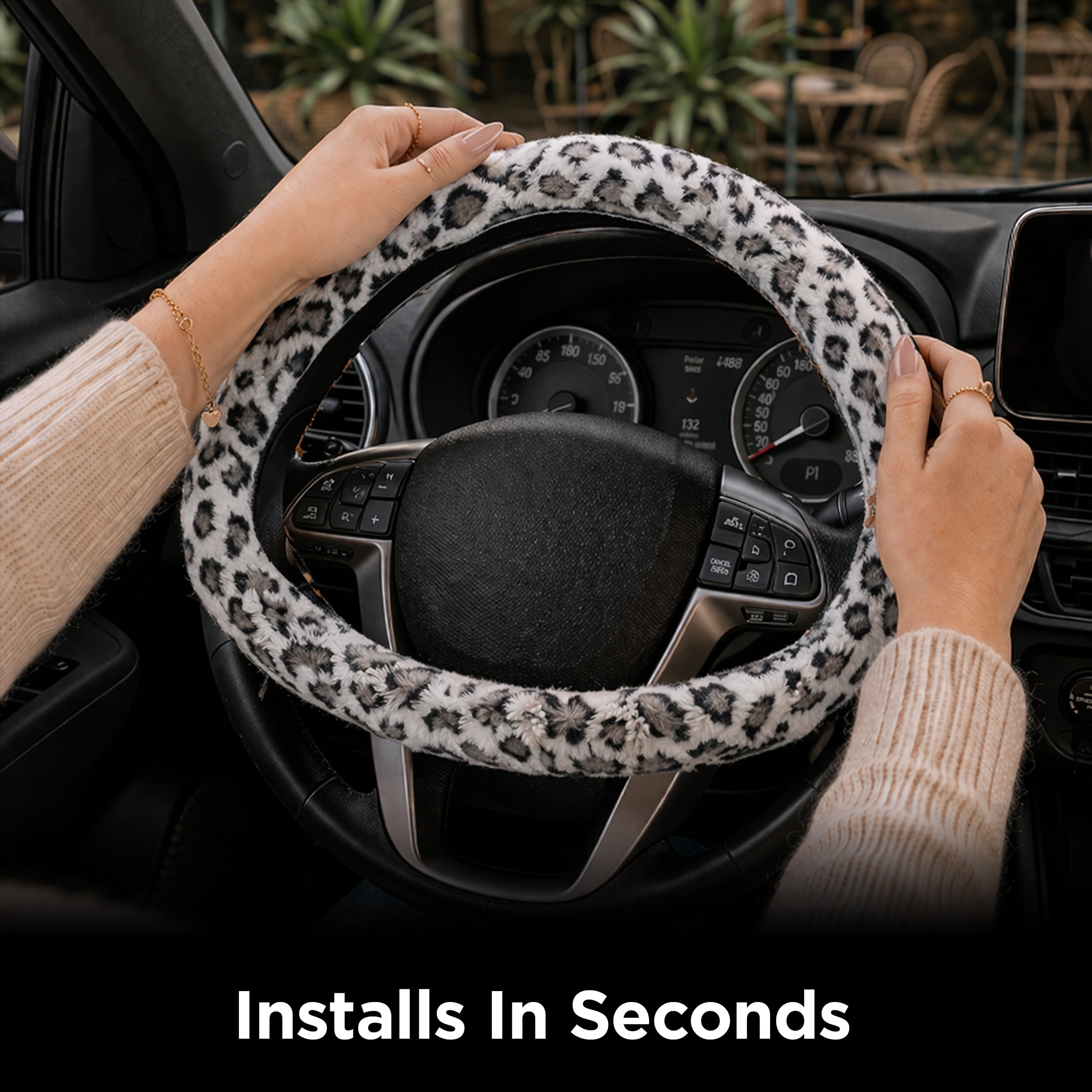 Auto Drive Leopard Print Steering Wheel Cover for Cars, Trucks, and SUVs, White